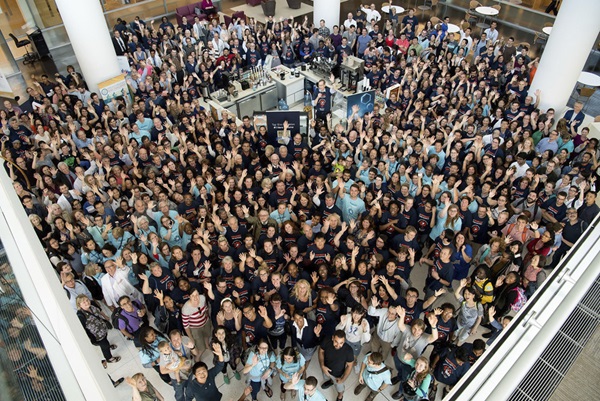A large crowd gathered in the atrium of the Perelman Center for Advanced Medicine in 2017 to celebrate the FDA approval of the first cellular therapy for cancer, developed at Penn.
